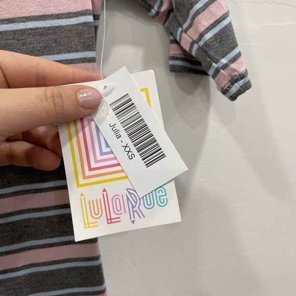 Lularoe Julia Stripe Short Sleeve Dress Pink Grey - Picture 4 of 5